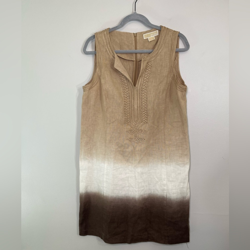 MICHAEL KORS Khaki Linen Embroidered Tie Dye Summer Mini SleevelessDress Size 10